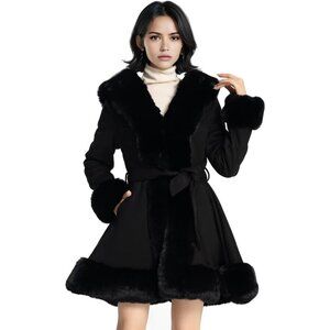 Women’s Black  Winter Faux Fur Leather Coat with Belt Long Sleeve Peplum